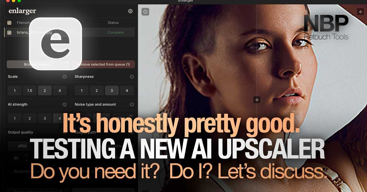 A screenshot from a YouTube thumbnail, showcasing Enlarger UI tested with a photography of a woman.