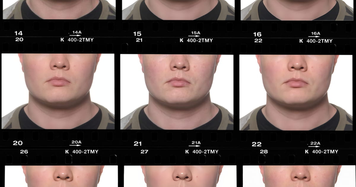 Nine identical close-up portrait frames from a 35mm film contact sheet arranged in a grid, representing the multiple AI upscaling models compared in this post.