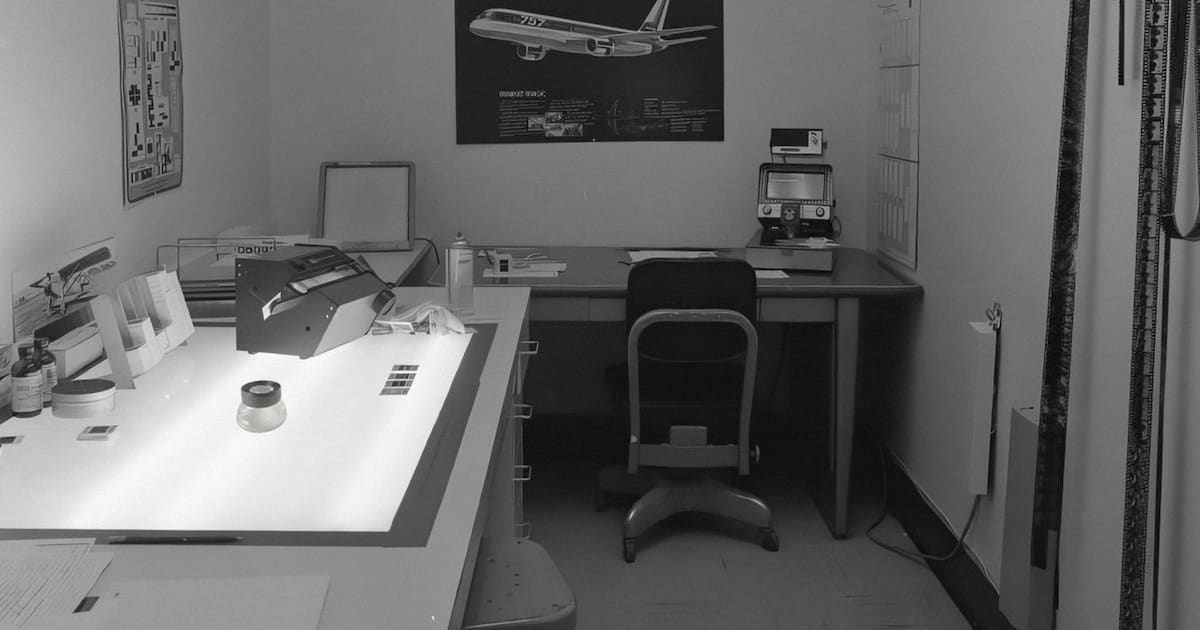 A photography of a workspace with a loupe on a light table.